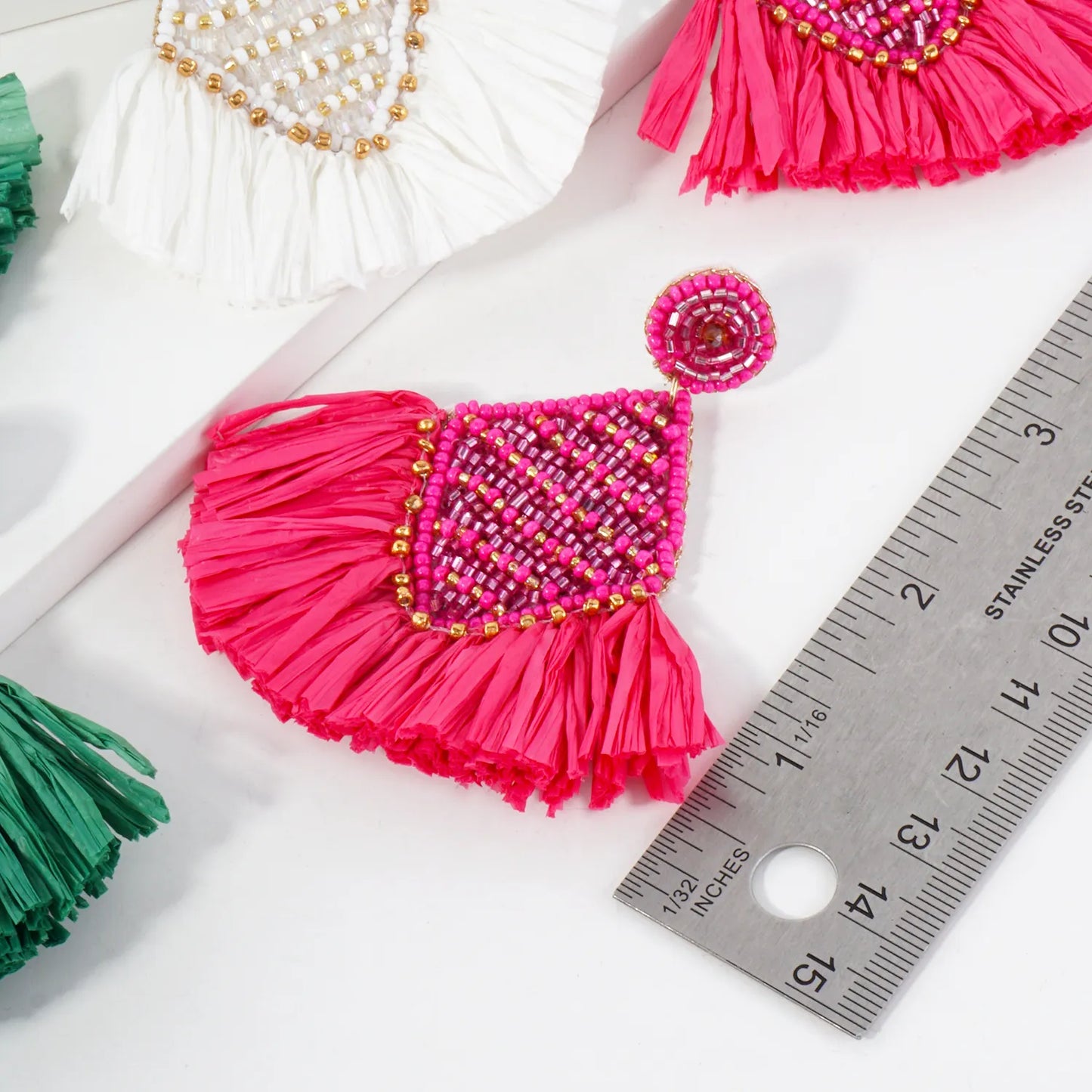 Diamond Shape Raffia Fan Fringe Tassel Statement Earrings