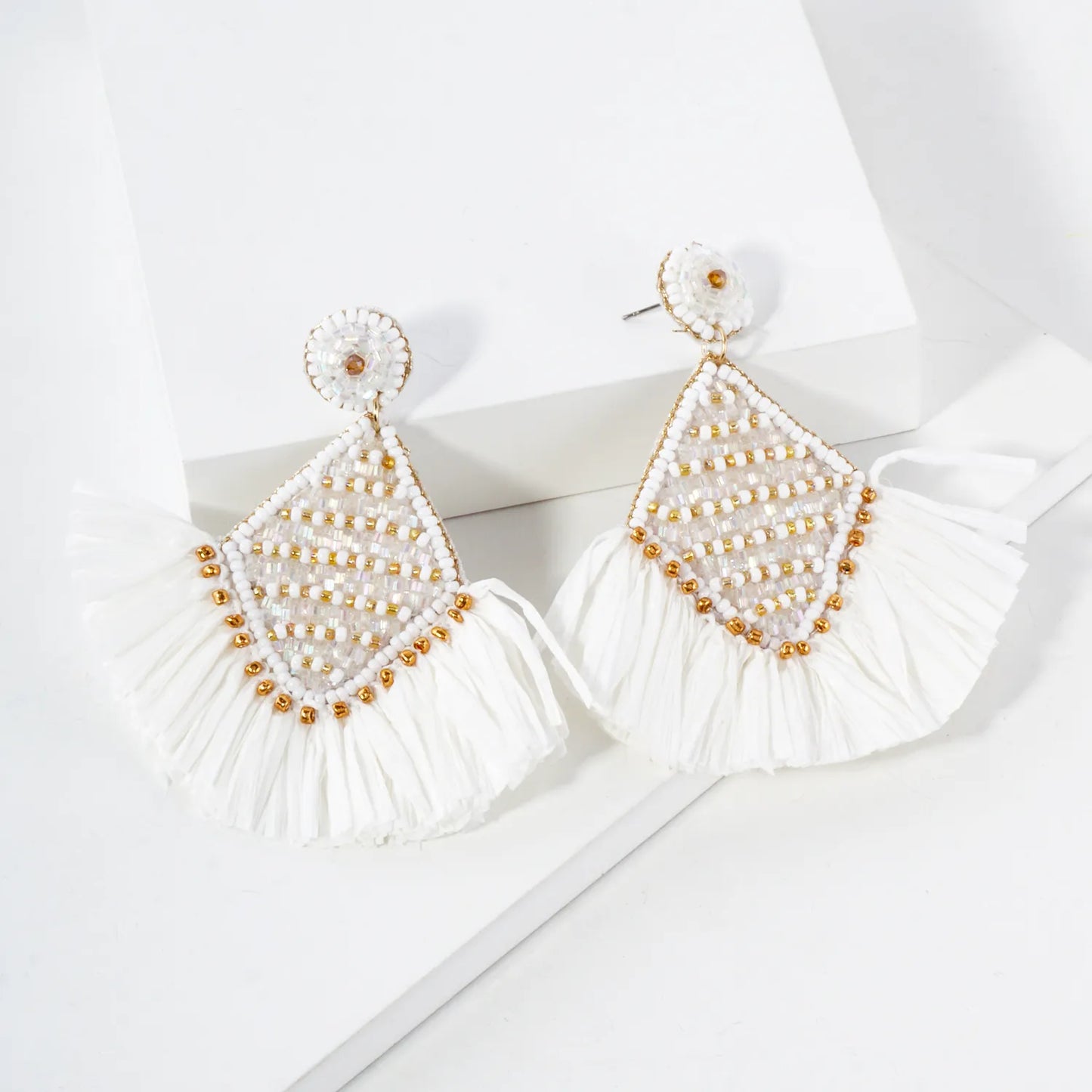 Diamond Shape Raffia Fan Fringe Tassel Statement Earrings