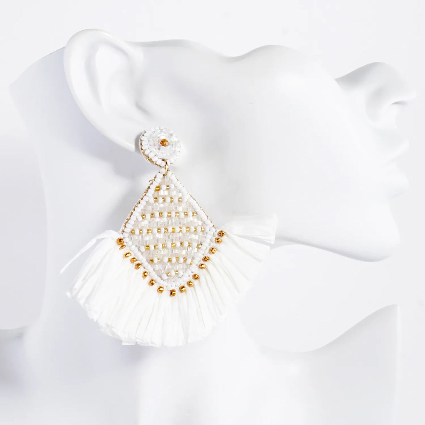 Diamond Shape Raffia Fan Fringe Tassel Statement Earrings