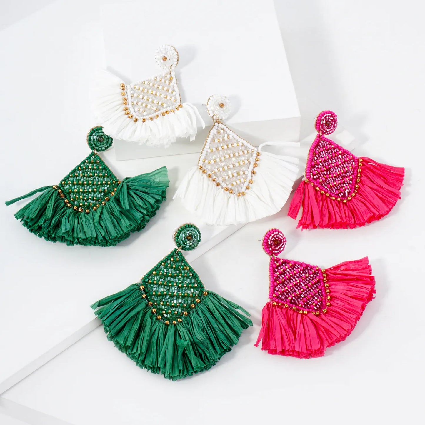 Diamond Shape Raffia Fan Fringe Tassel Statement Earrings