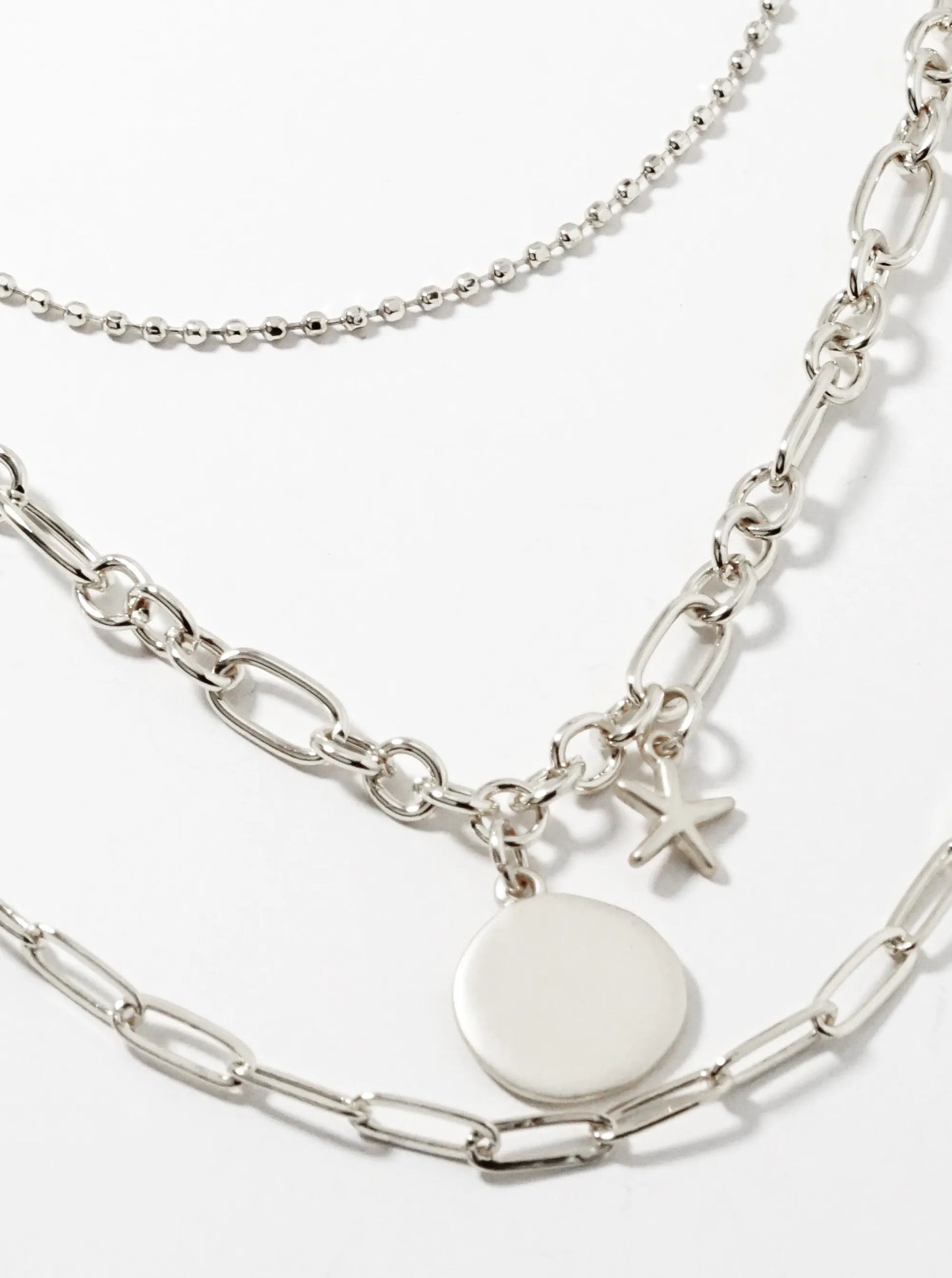 Disc Starfish Pendant Layered Chain Necklace Set With Earrings