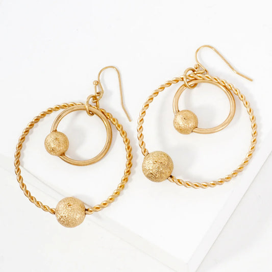 Double Circle Dangle Earrings With Sand-Texture Ball Accent