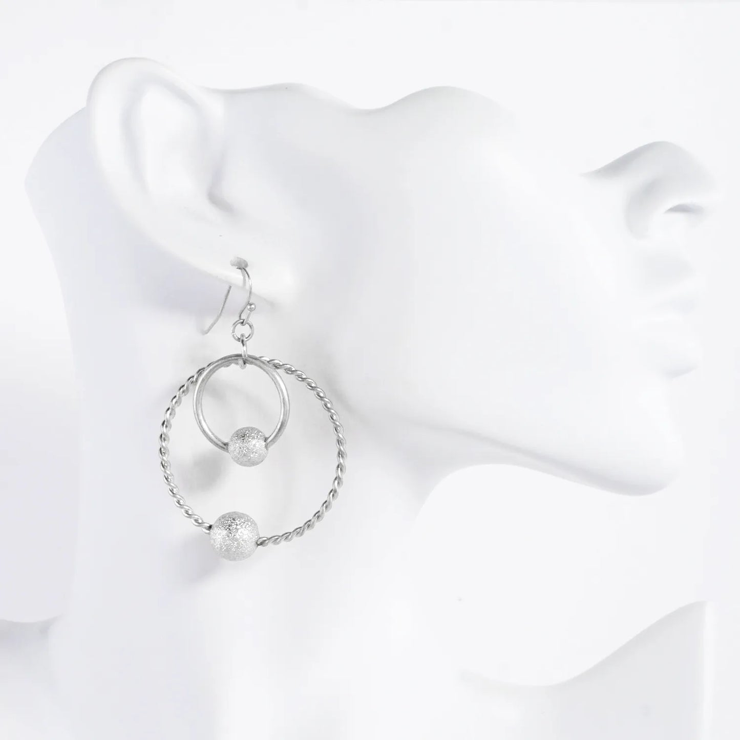Double Circle Dangle Earrings With Sand-Texture Ball Accent