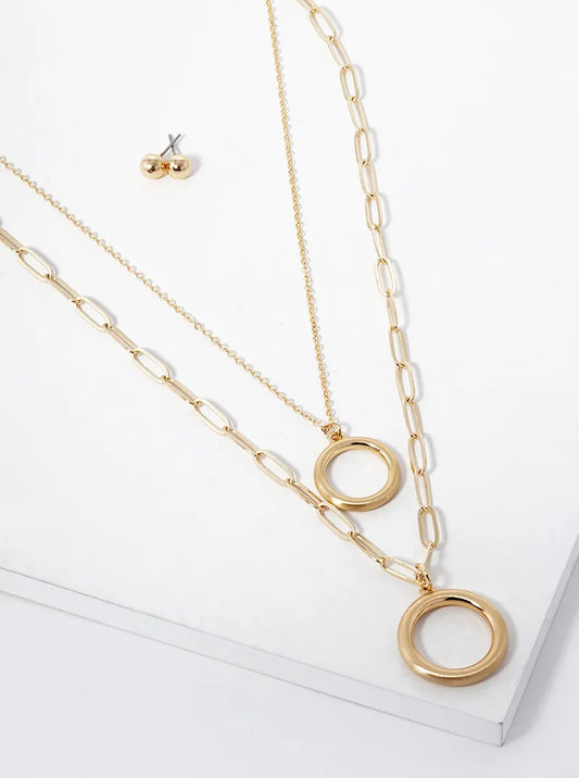 Double Circle Pendant Layered Necklace Set With Earrings