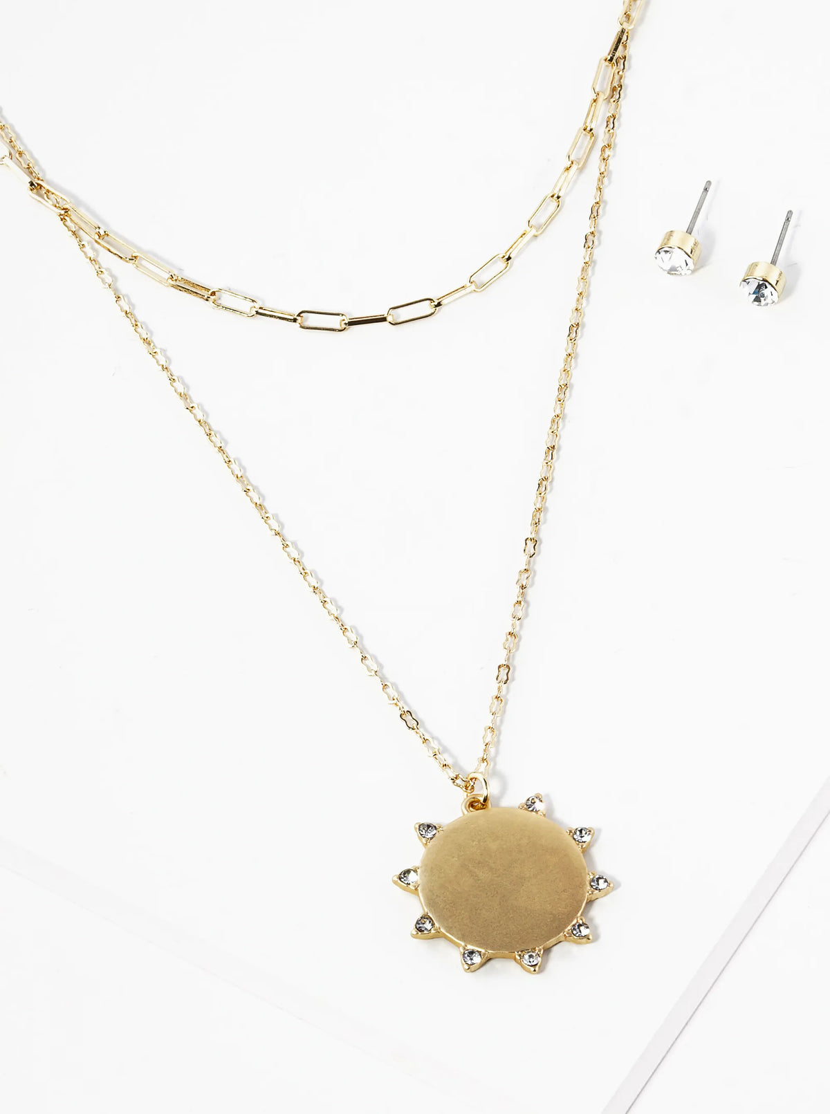 Double Layer Chain Necklace With Sunburst Pendant Necklace