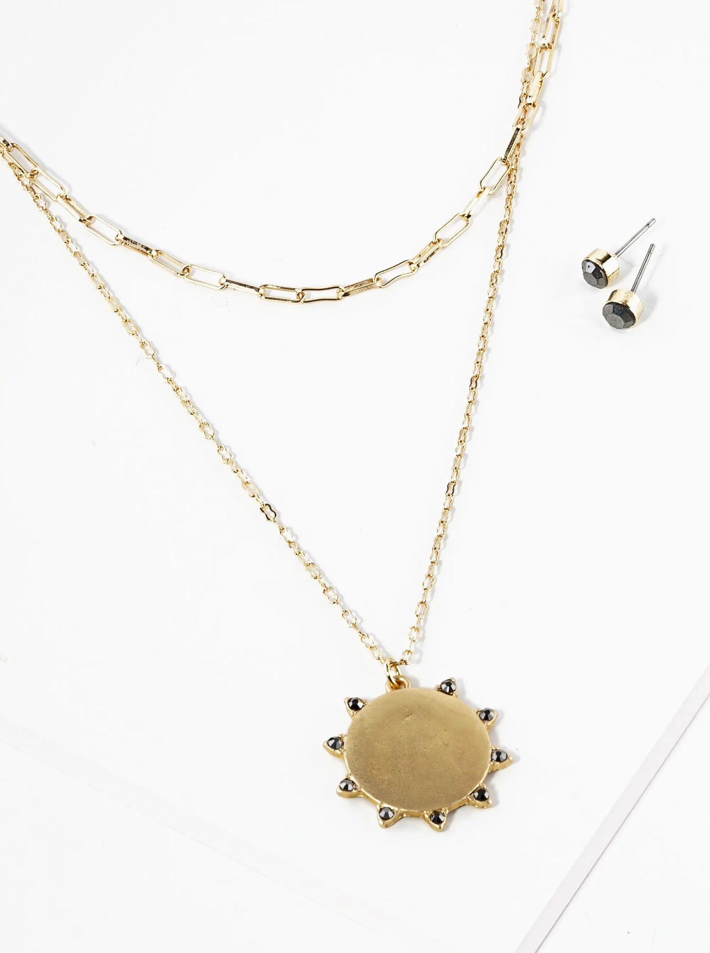 Double Layer Chain Necklace With Sunburst Pendant Necklace