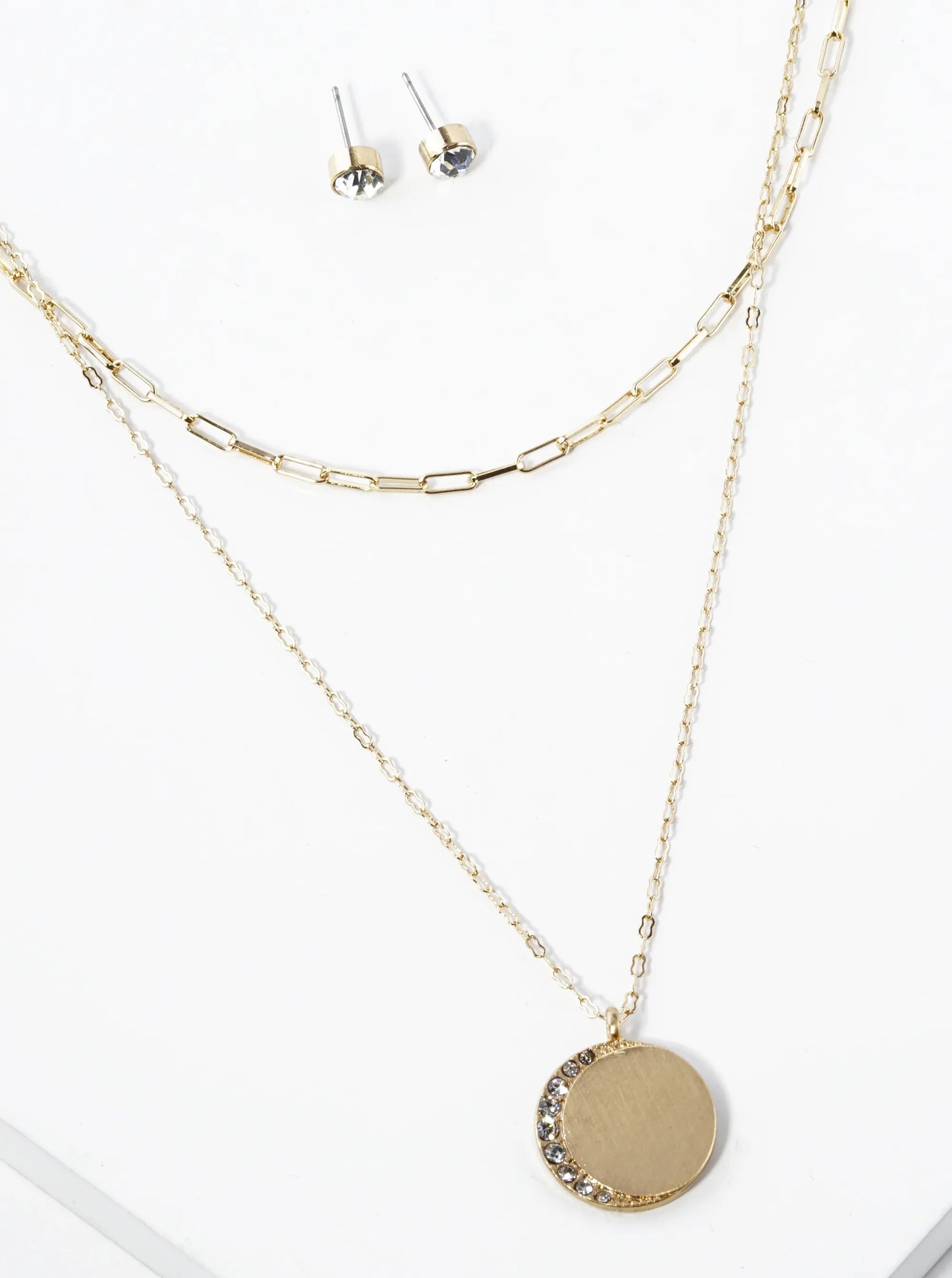 Double Layer Crescent Moon In Circle Pendant Necklace