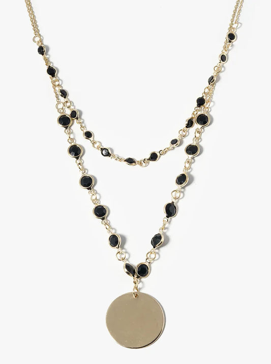 Double Layer Polished Round Pendant Necklace With Crystal Beads
