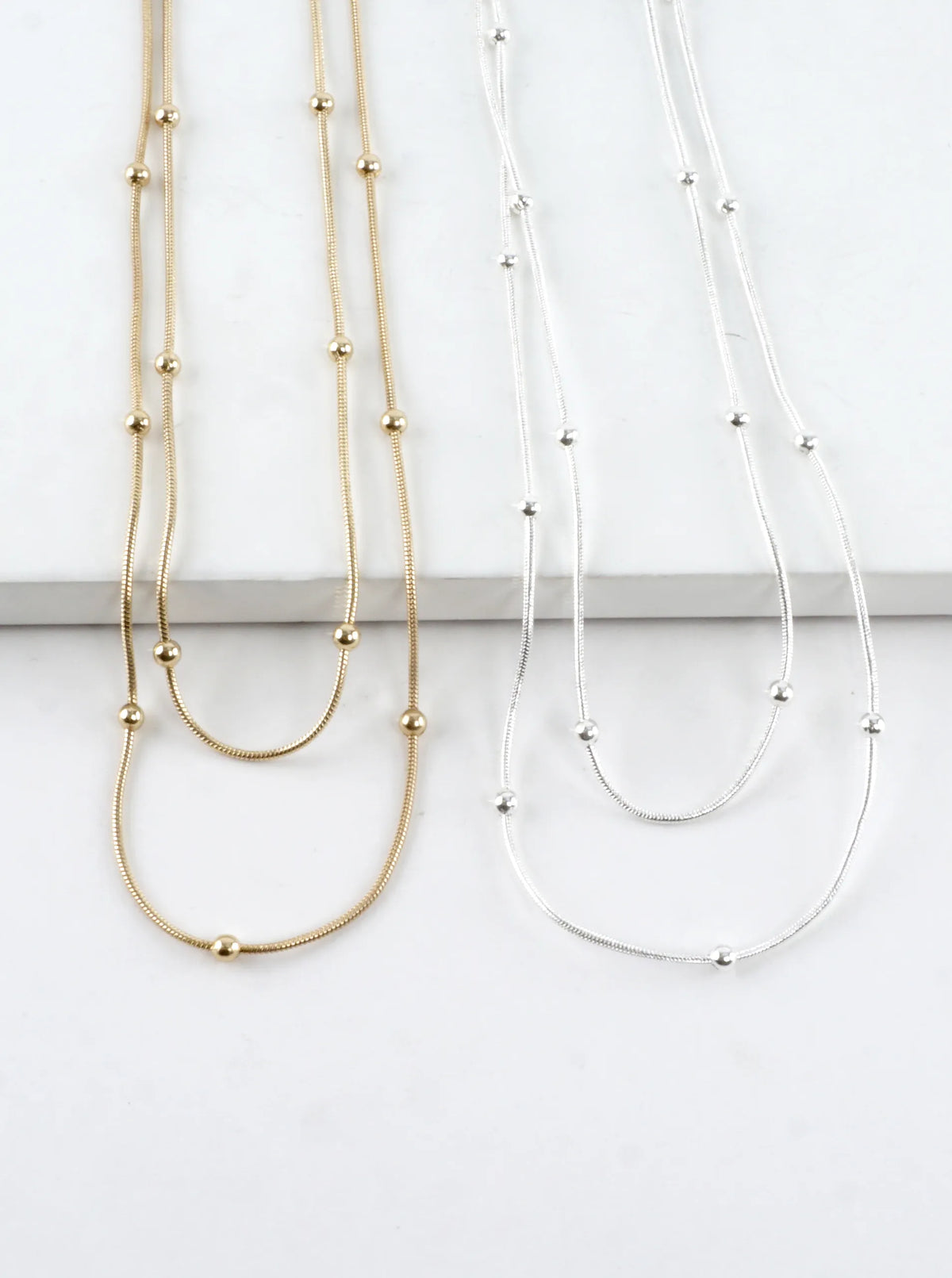 Double Layer Station Bead Snake Chain Necklace