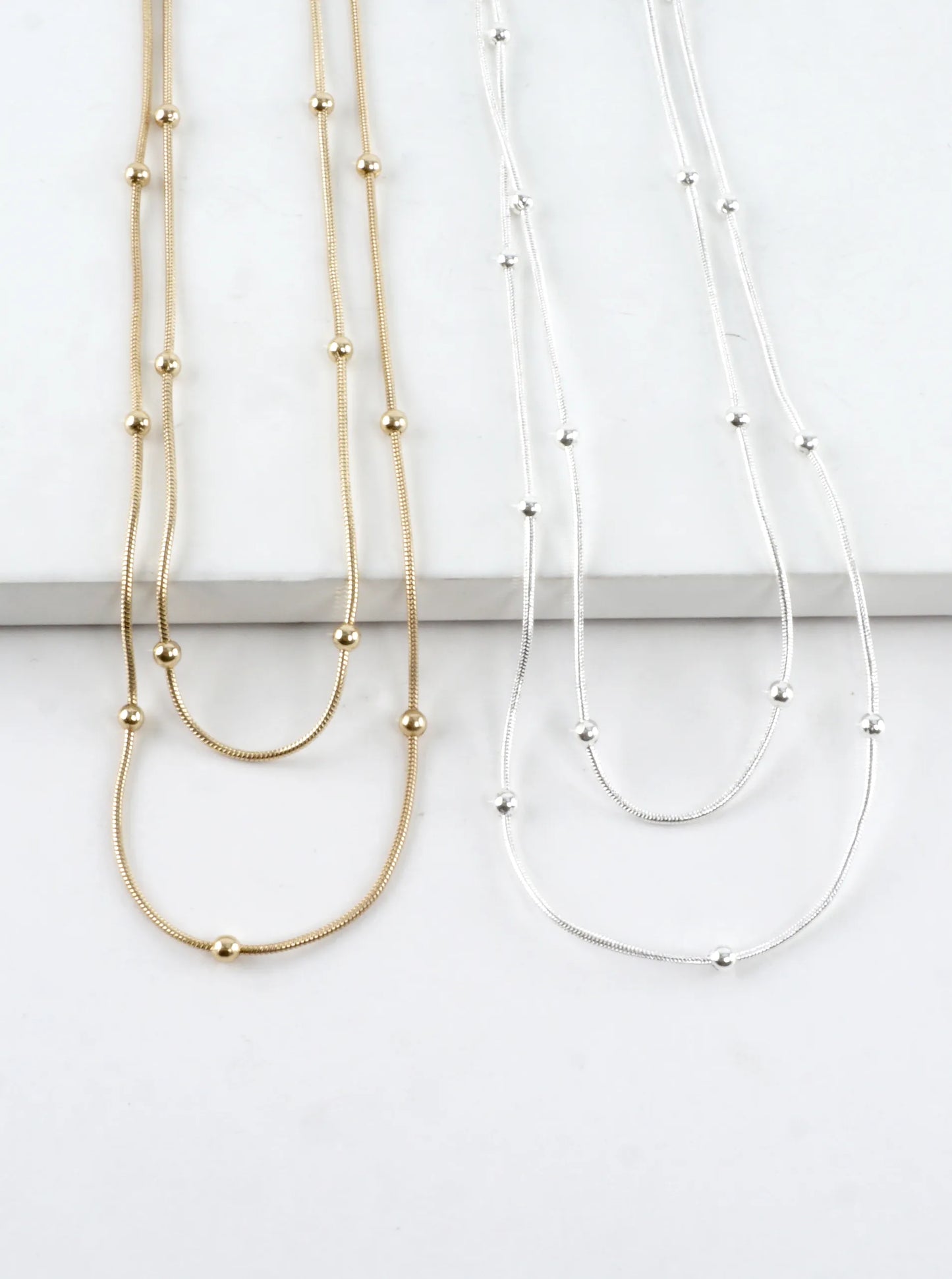 Double Layer Station Bead Snake Chain Necklace