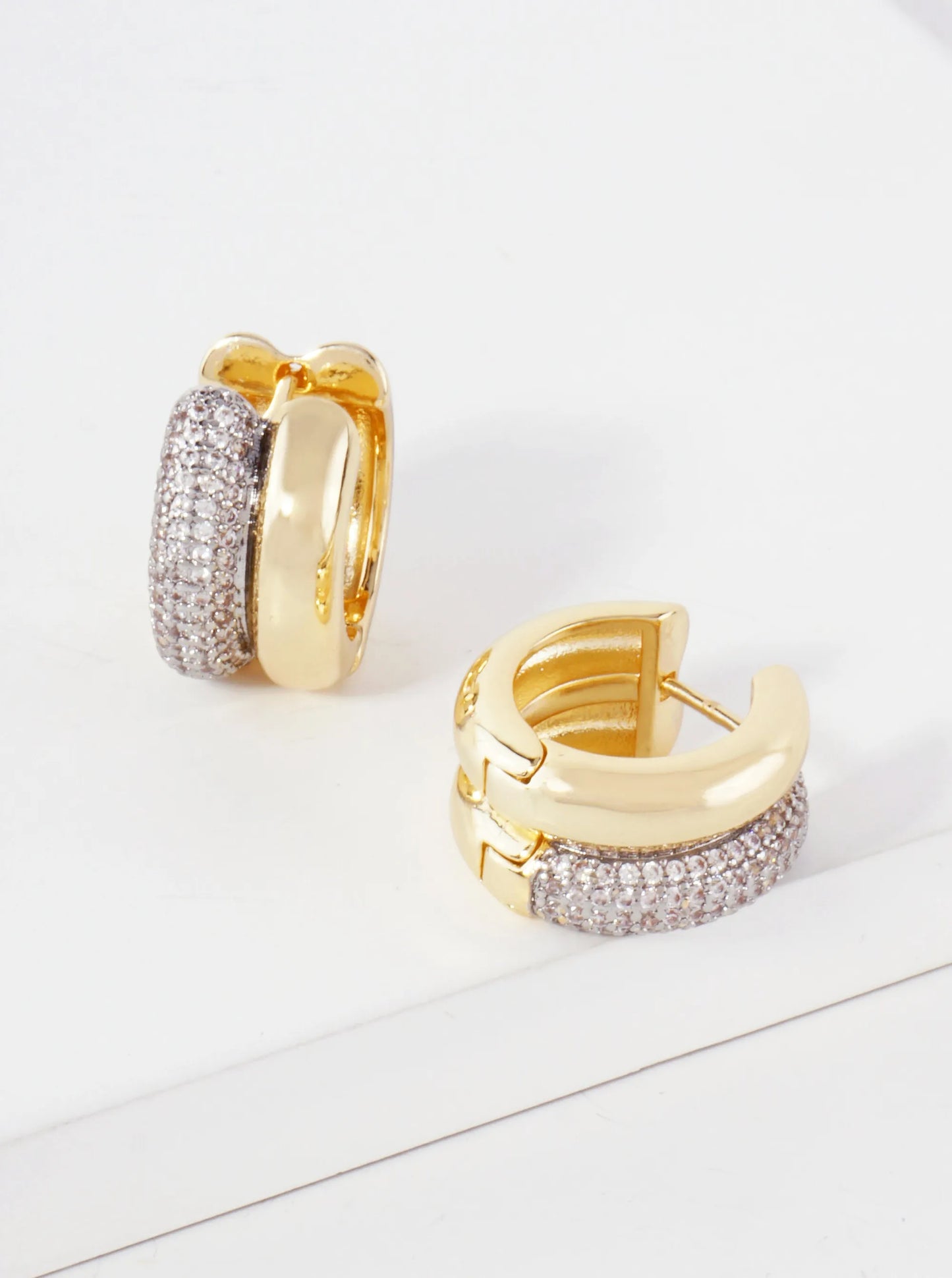 Double-Row CZ Pave 15mm 14K-Gold-Dipped Hoop Earrings