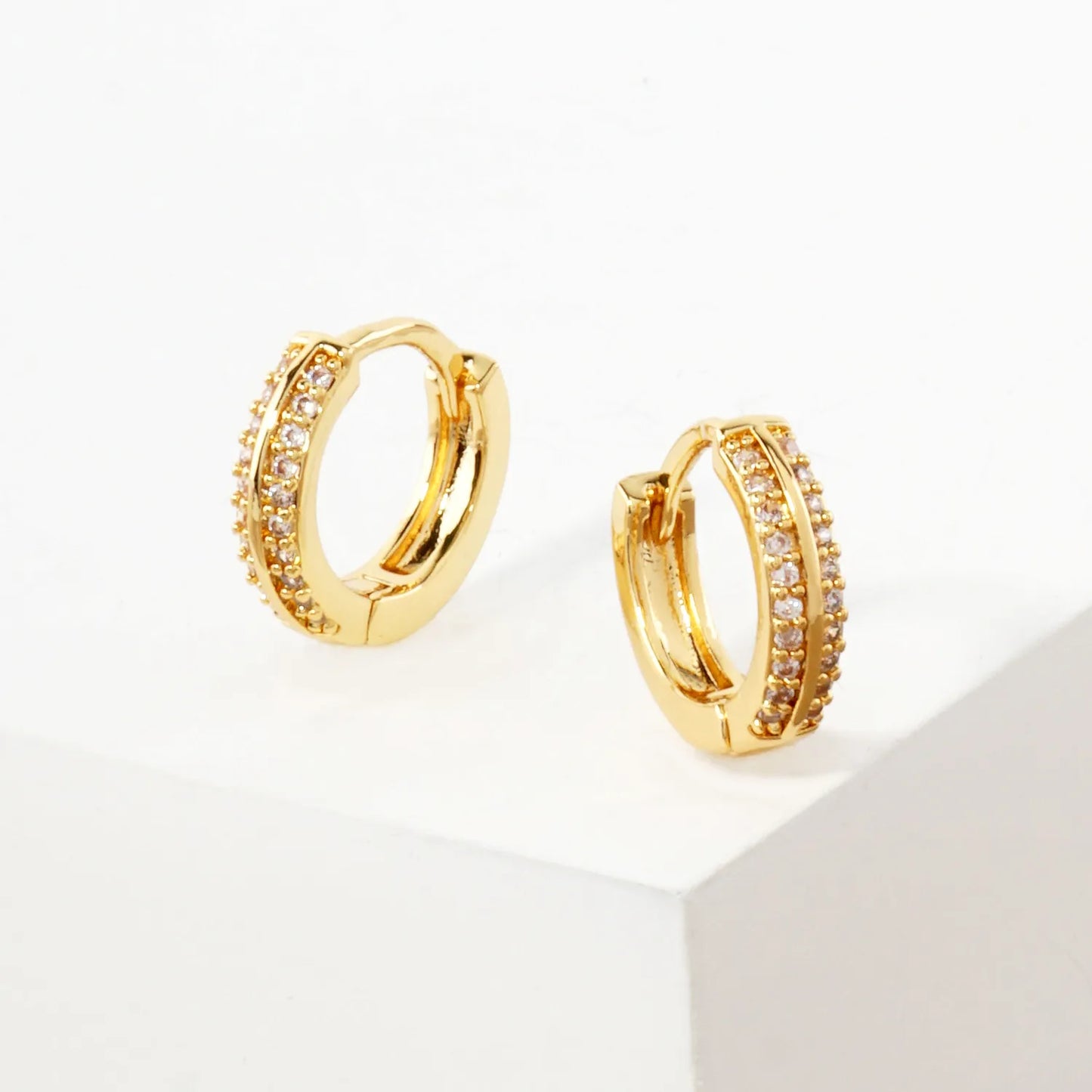 Double-Row Pave-Set Cubic-Zirconia 13mm Gold-Dipped Brass Minimalist Huggie Hoop Earrings