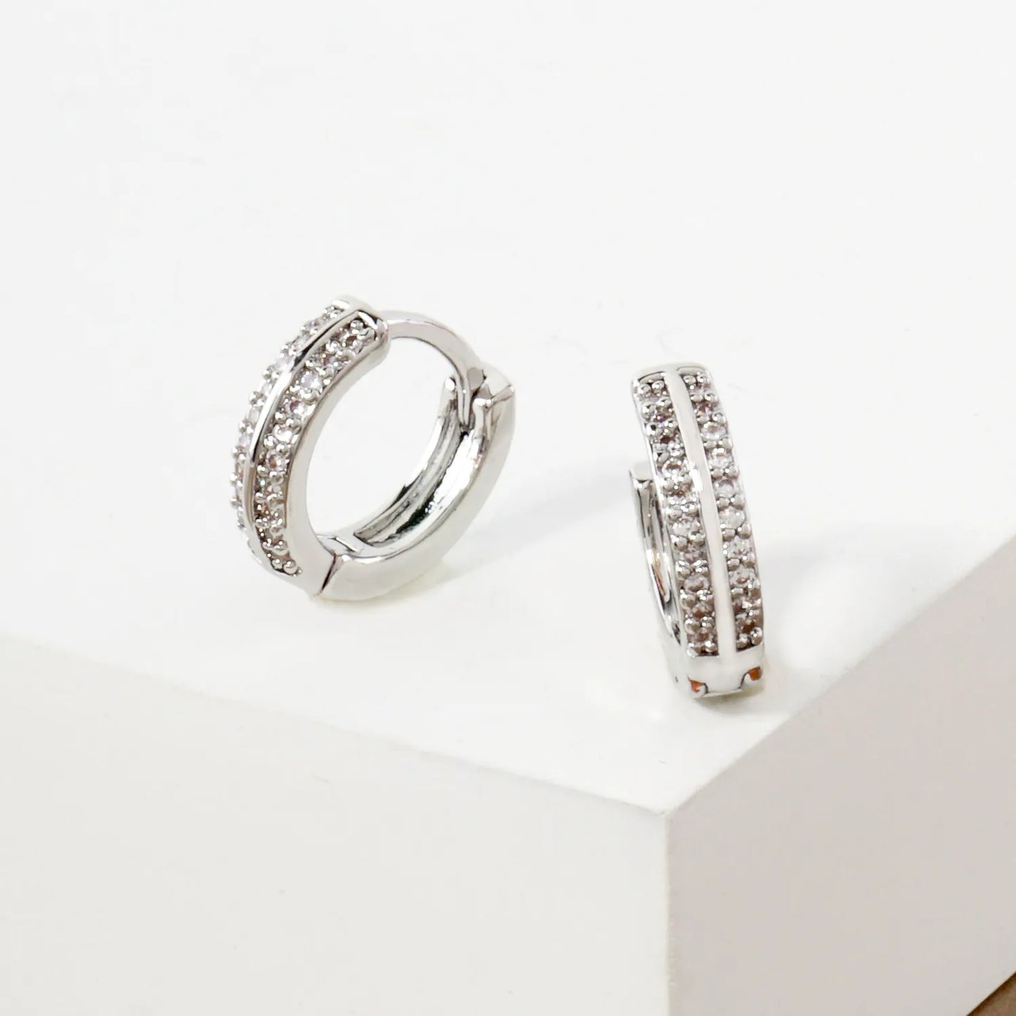 Double-Row Pave-Set Cubic-Zirconia 13mm Gold-Dipped Brass Minimalist Huggie Hoop Earrings