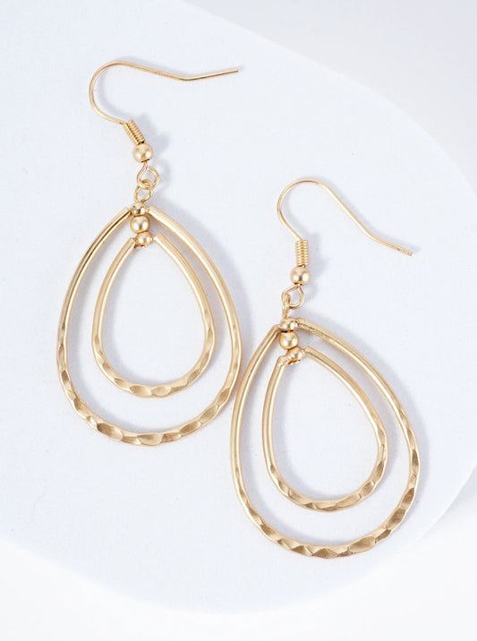 Double Teardrop Dangle Earrings With Hammered Texture In The Center