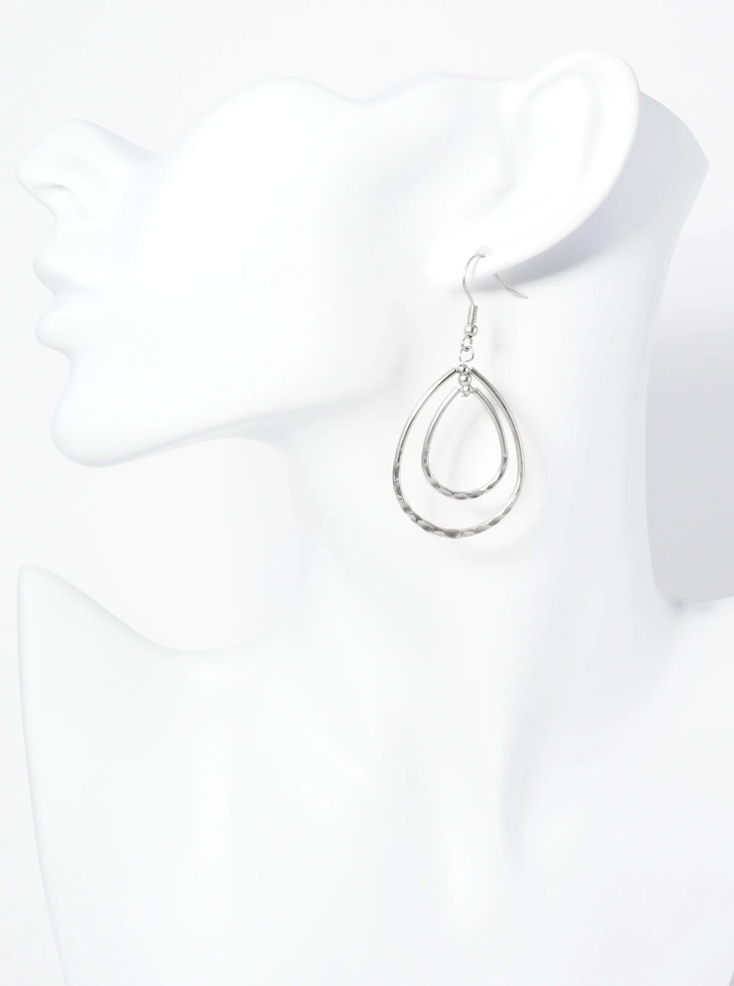 Double Teardrop Dangle Earrings With Hammered Texture In The Center