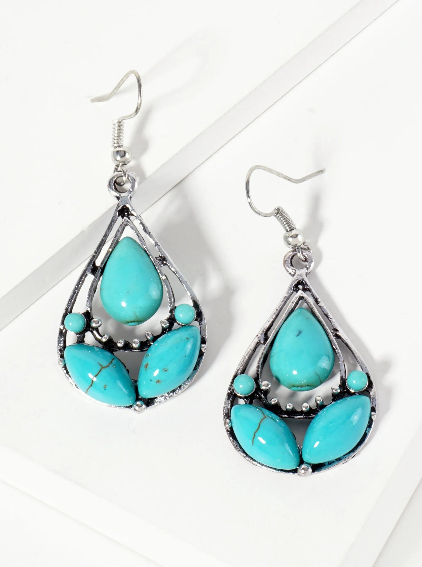 Double Teardrop Dangle Earrings With Turquoise Stones