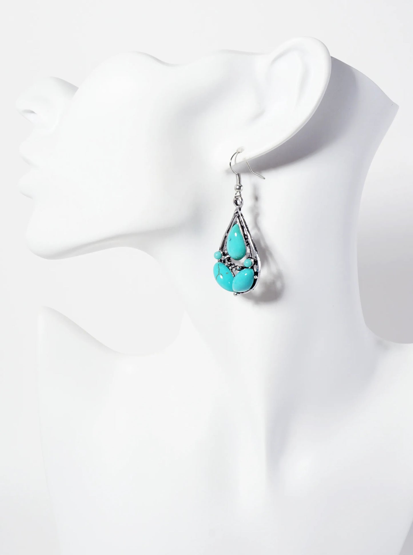 Double Teardrop Dangle Earrings With Turquoise Stones