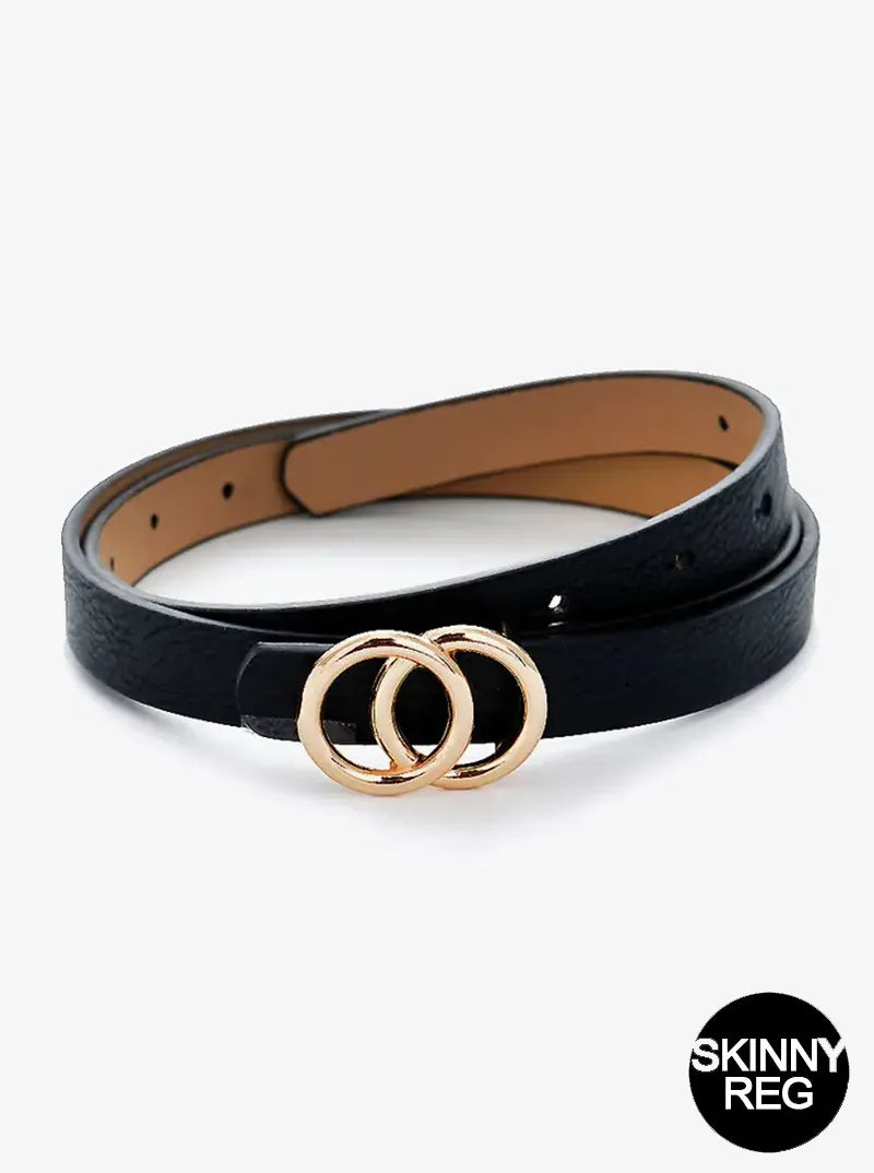 Double Circle Metal Buckle Leatherette Button Belt