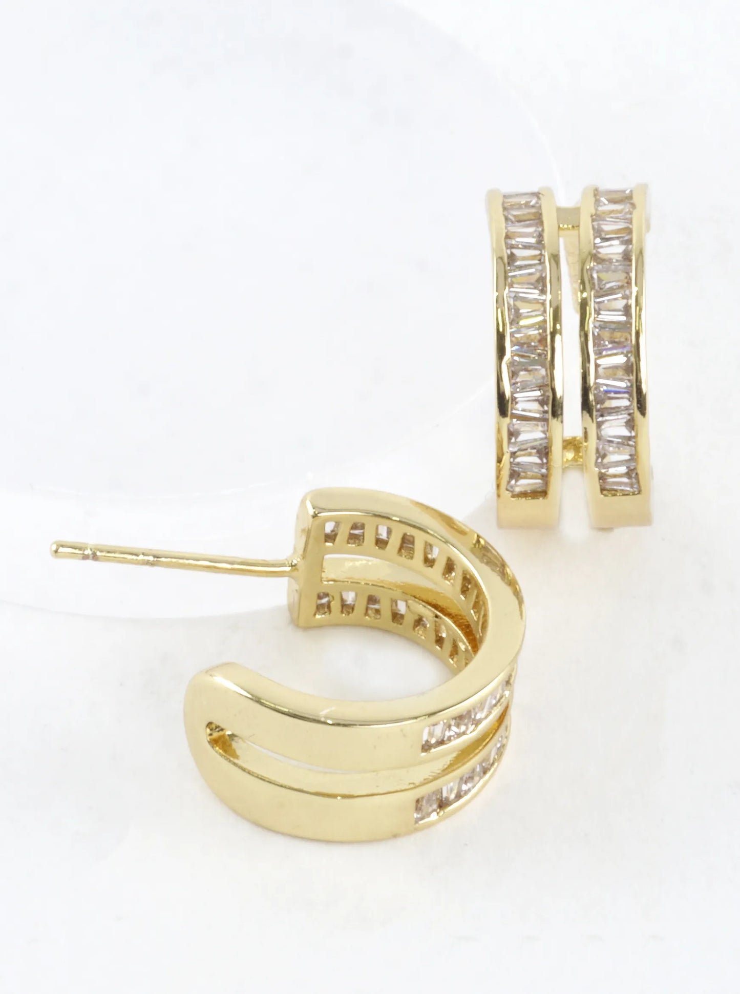 Double-row Baguette CZ Huggie Hoop Earrings