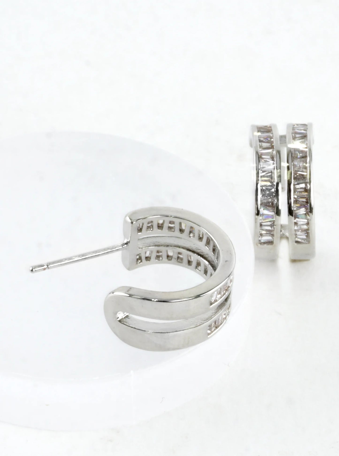 Double-row Baguette CZ Huggie Hoop Earrings