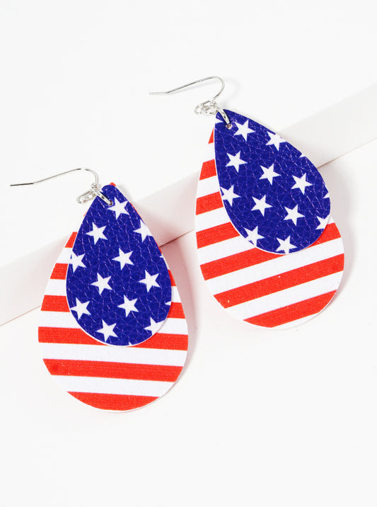 Double Teardrop USA Flag Printed Leatherette Dangle Drop Earrings