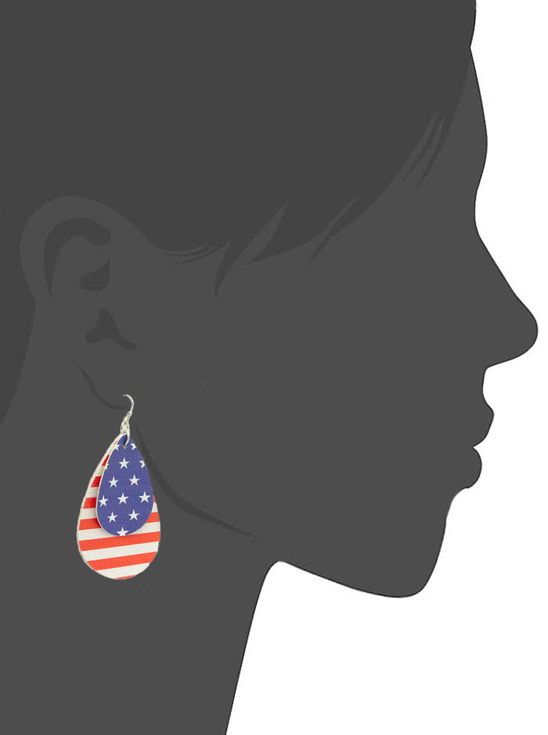 Double Teardrop USA Flag Printed Leatherette Dangle Drop Earrings