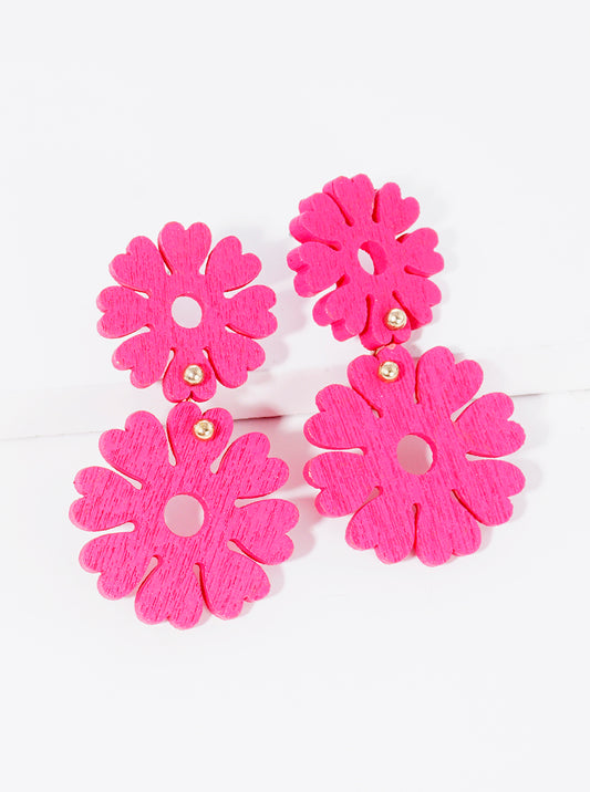 Double Wooden Flower Blooming Drop Earrings