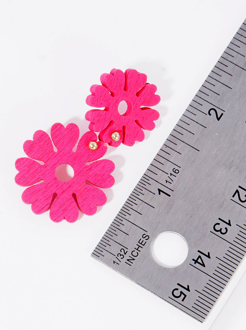 Double Wooden Flower Blooming Drop Earrings