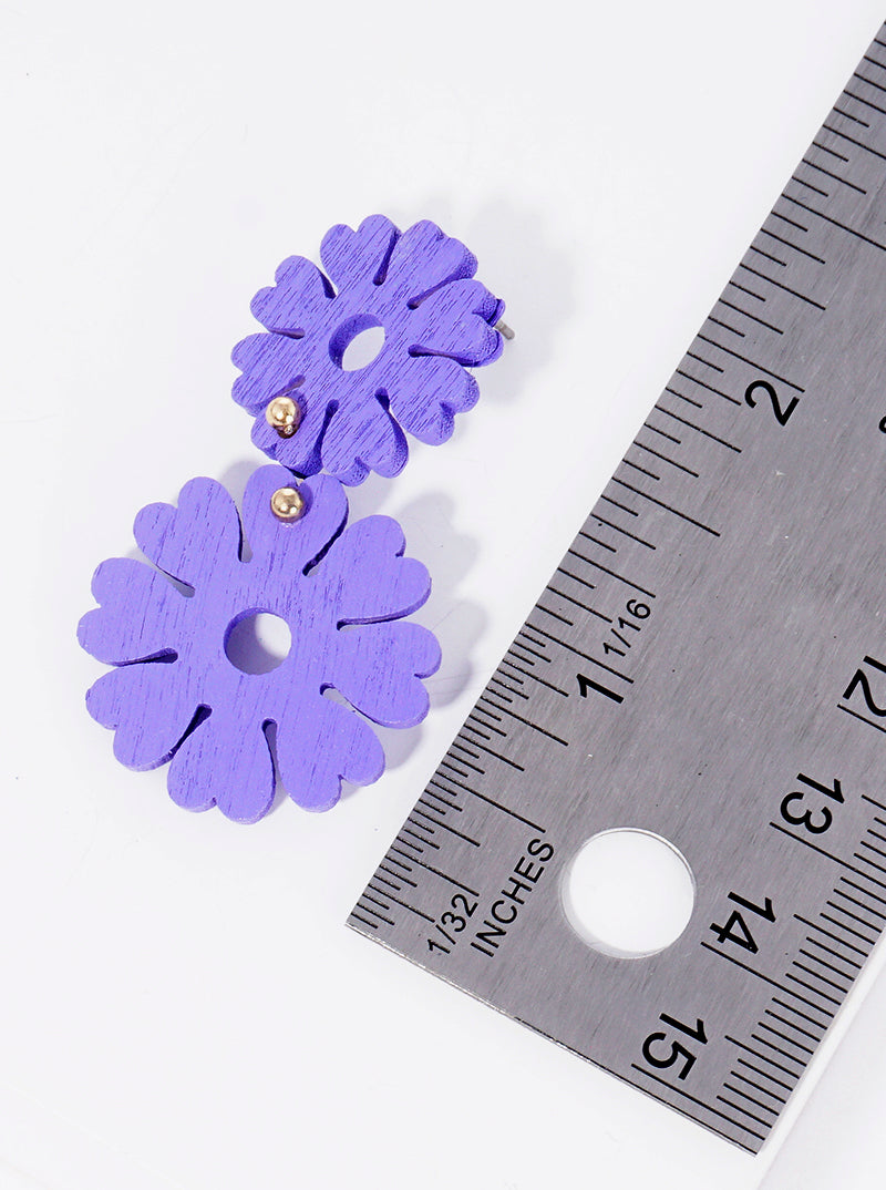 Double Wooden Flower Blooming Drop Earrings