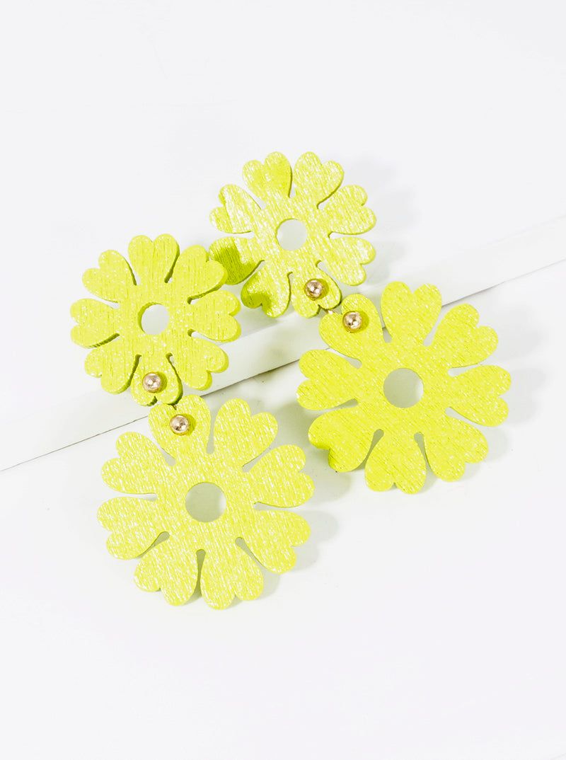 Double Wooden Flower Blooming Drop Earrings
