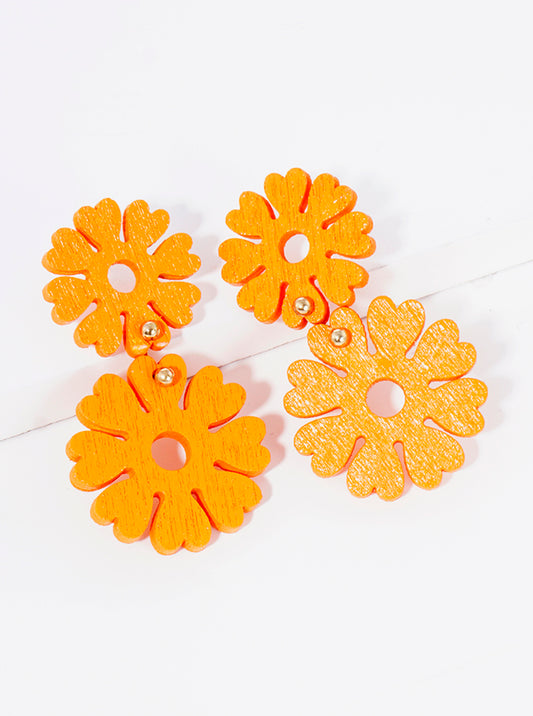 Double Wooden Flower Blooming Drop Earrings