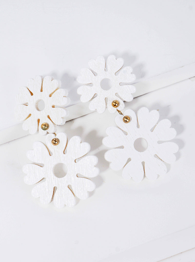 Double Wooden Flower Blooming Drop Earrings