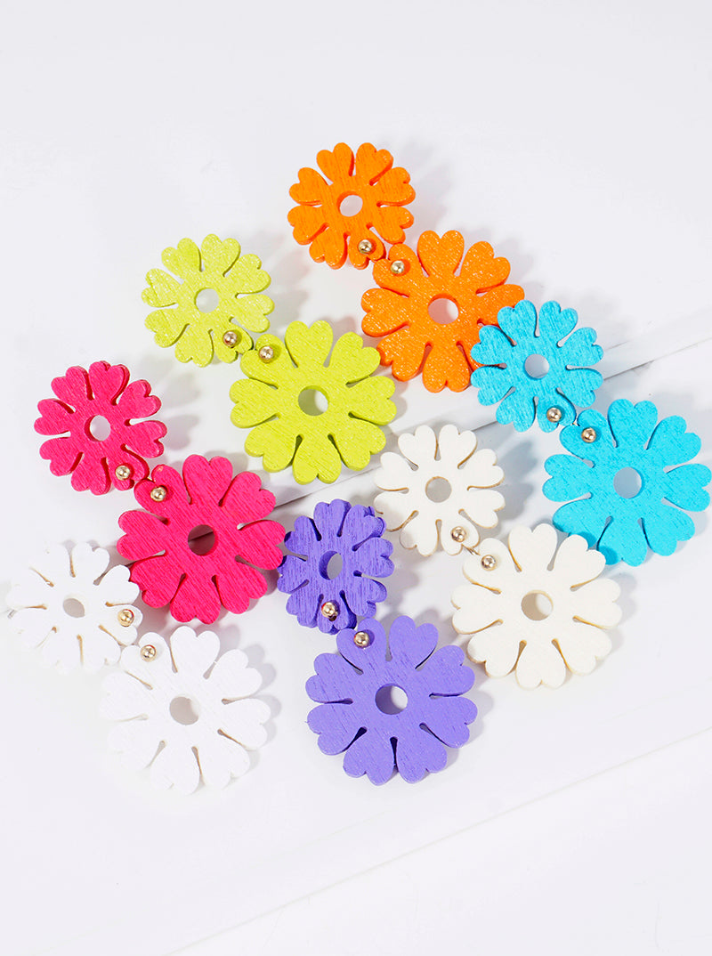 Double Wooden Flower Blooming Drop Earrings