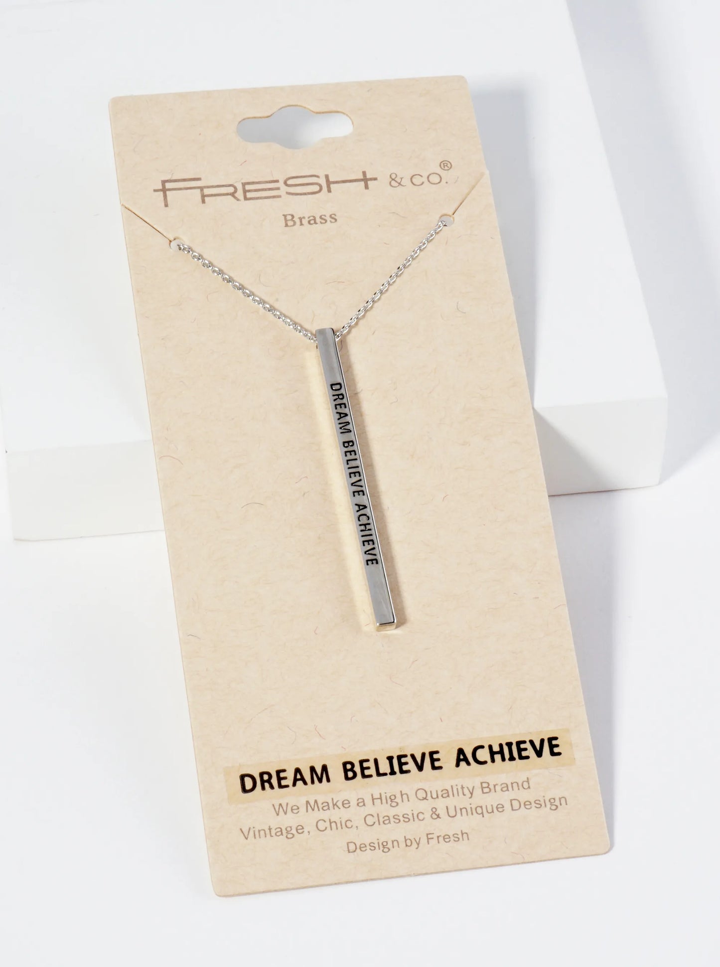 Dream Believe Achieve Engraved Vertical Bar Pendant Inspirational Necklace