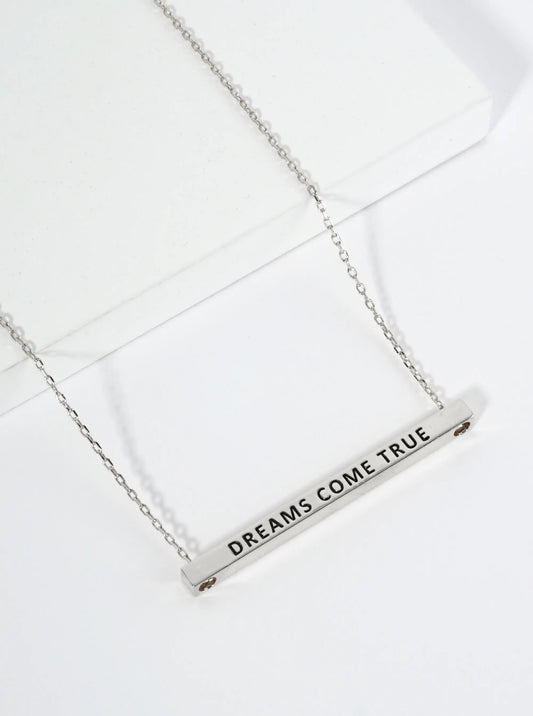 Dreams Come True Engraved 18K Gold Dipped Horizontal Brass Bar Pendant Inspirational Necklace