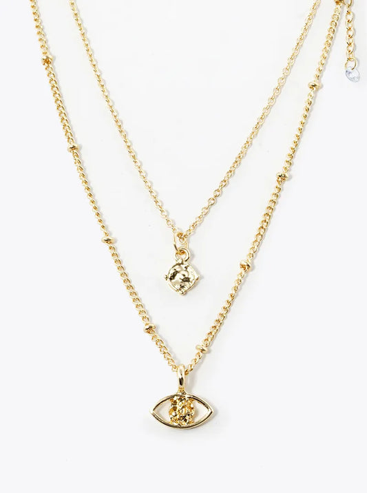 Druzy Textured Metal Evil Eye Pendant Layered Necklace