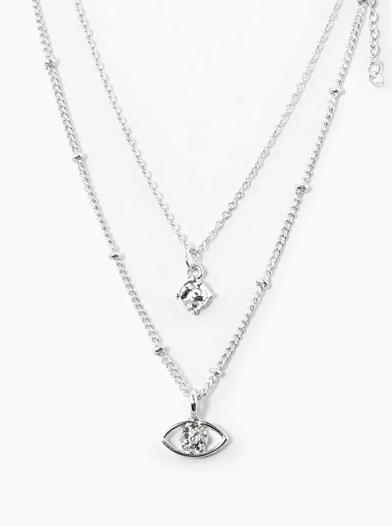 Druzy Textured Metal Evil Eye Pendant Layered Necklace