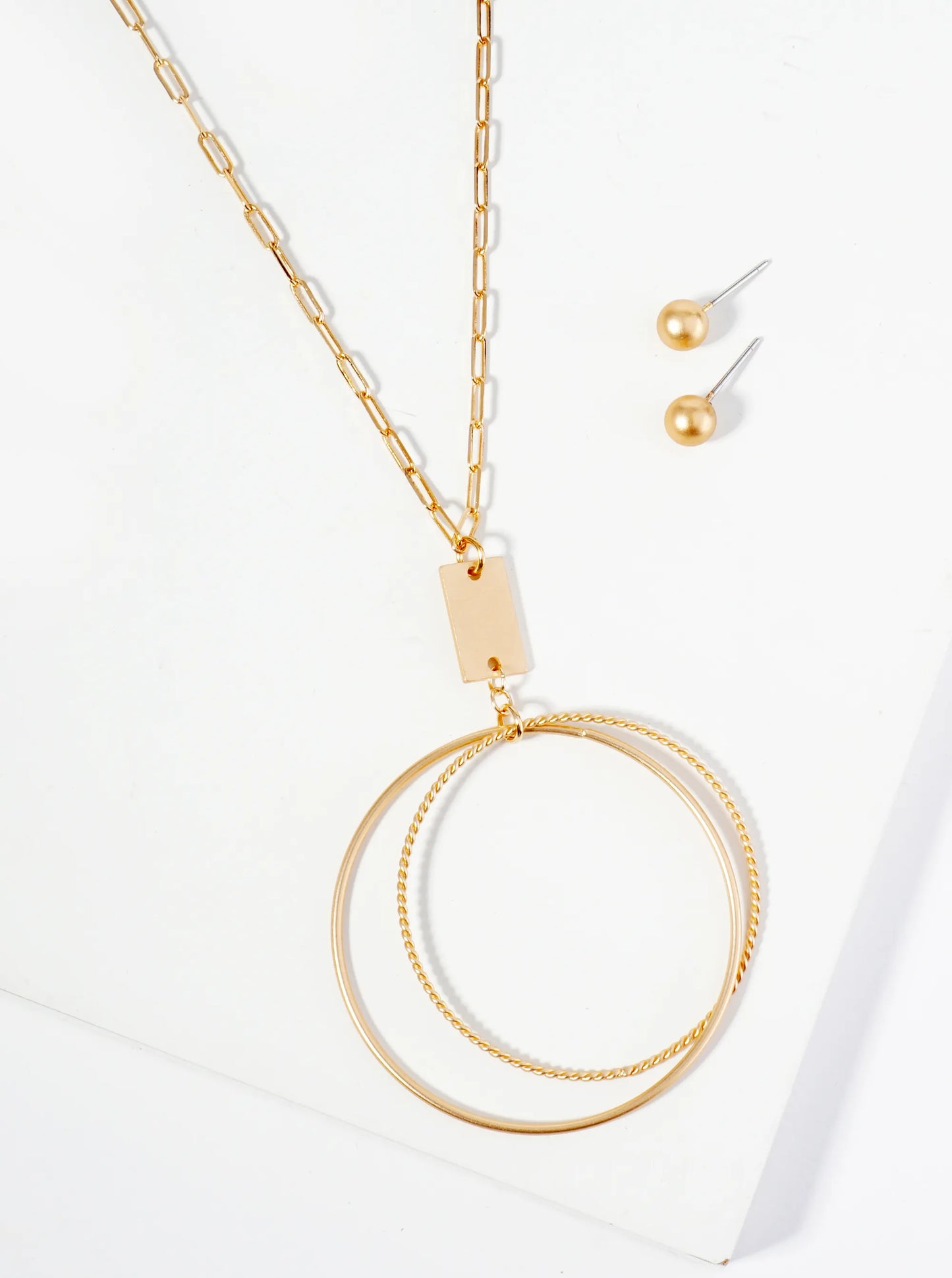 Dual Circle Textured Metal Pendant Necklace Set With Earrings