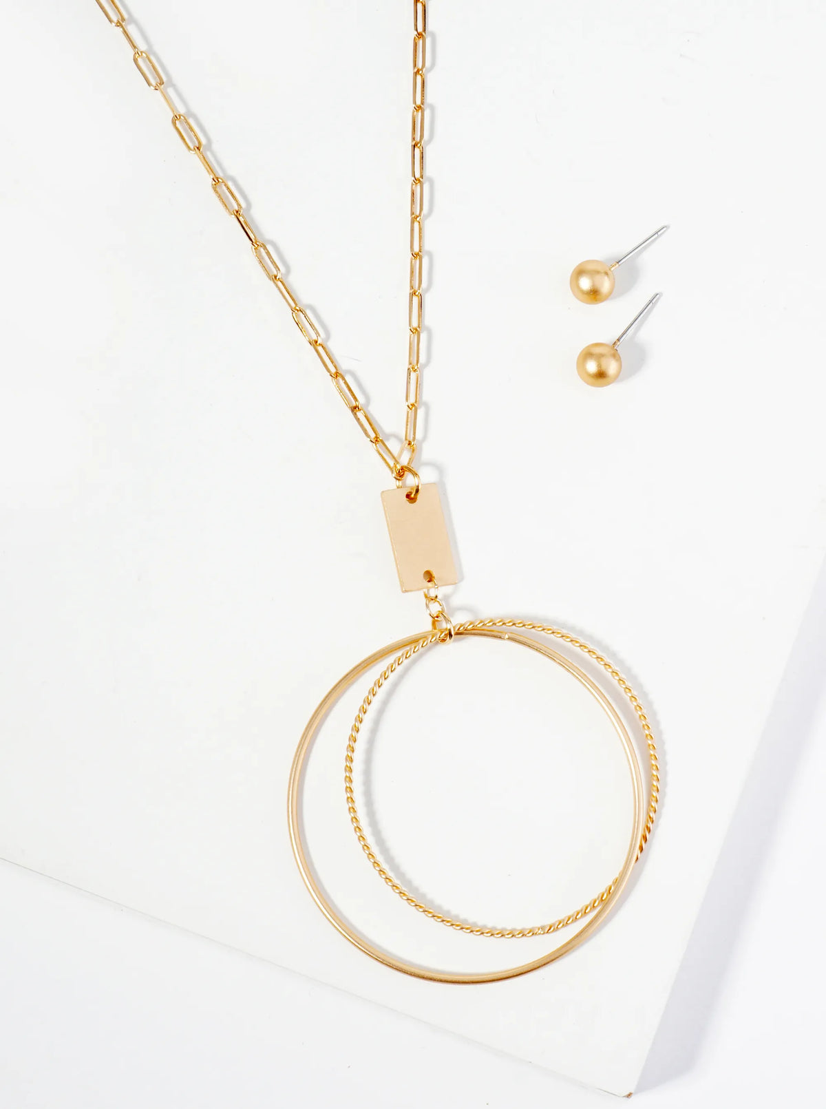 Dual Circle Textured Metal Pendant Necklace Set With Earrings