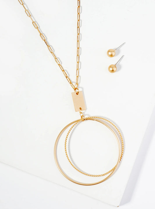 Dual Circle Textured Metal Pendant Necklace Set With Earrings