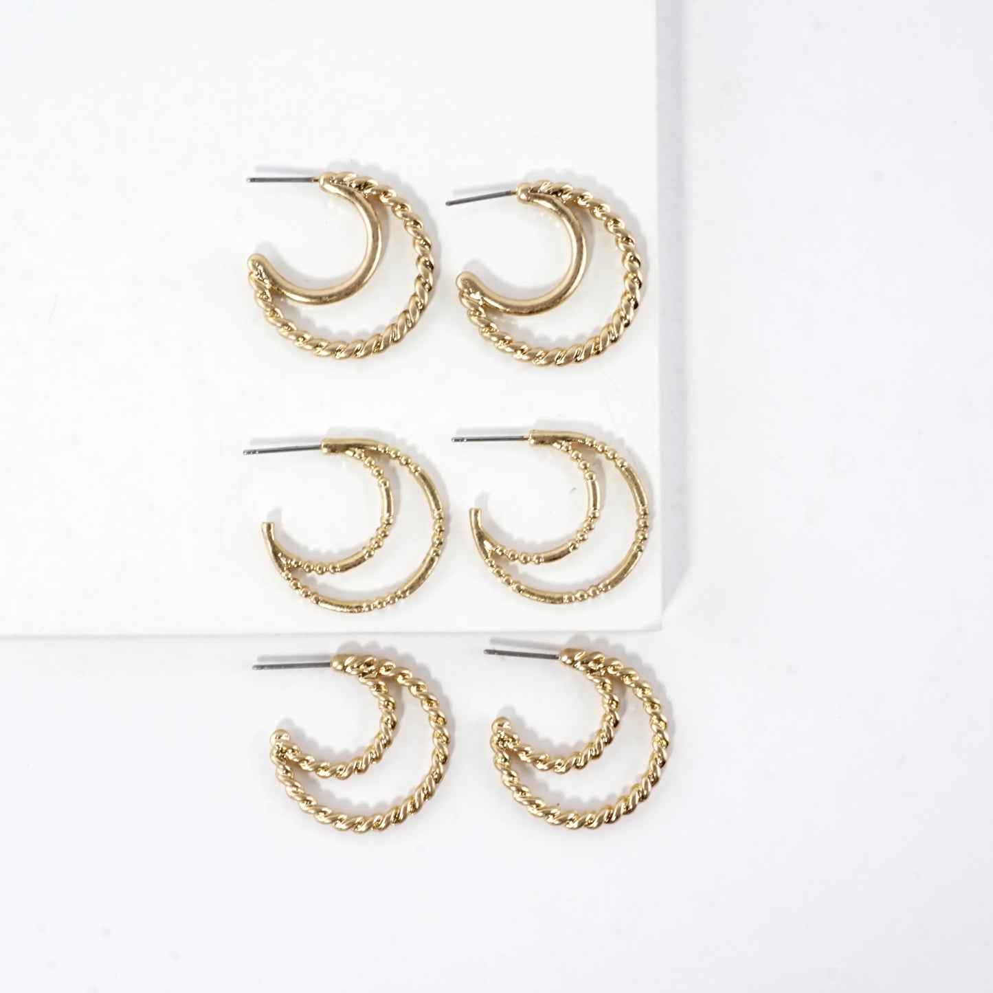 Dual Layer 3pairs Earrings Set Textured Hoop