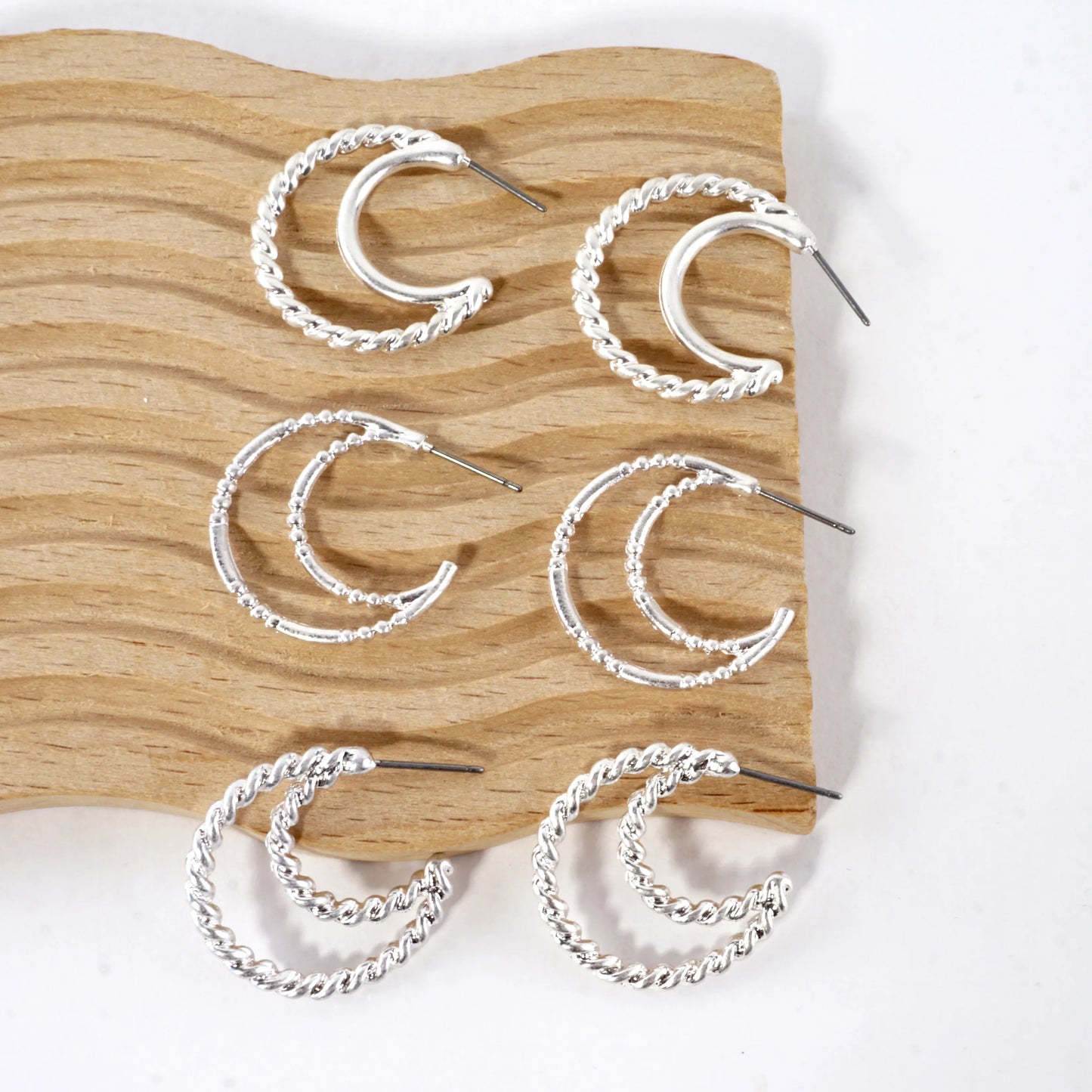 Dual Layer 3pairs Earrings Set Textured Hoop