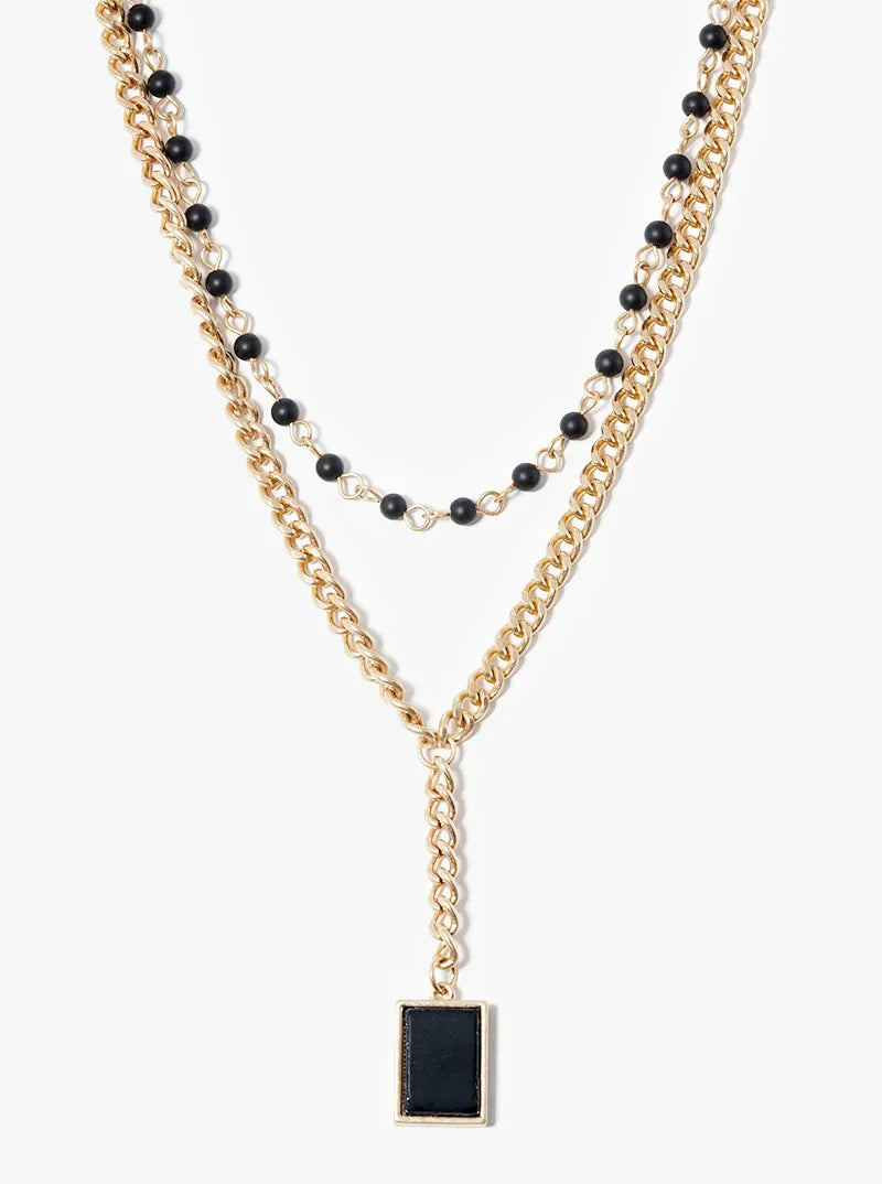 Dual Layer Beaded Necklace With Square Semiprecious Pendant