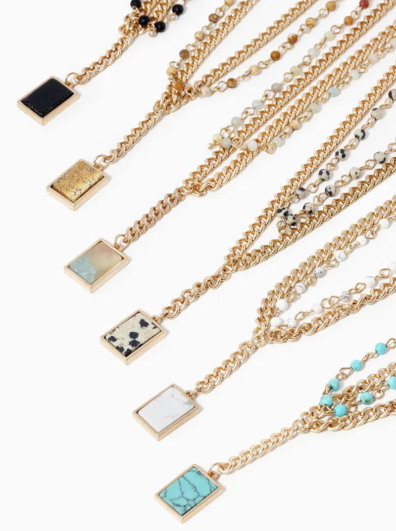 Dual Layer Beaded Necklace With Square Semiprecious Pendant