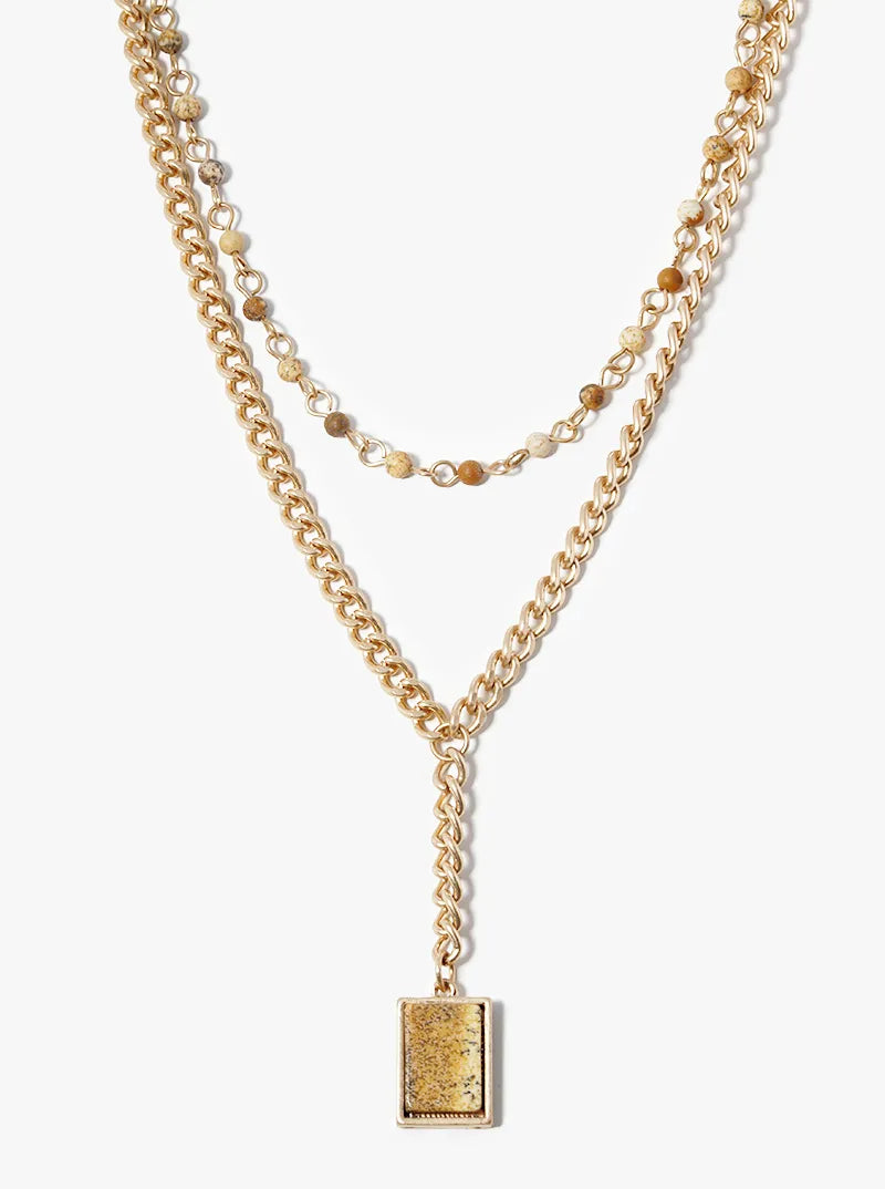 Dual Layer Beaded Necklace With Square Semiprecious Pendant