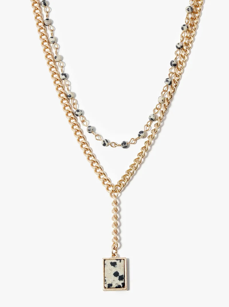 Dual Layer Beaded Necklace With Square Semiprecious Pendant