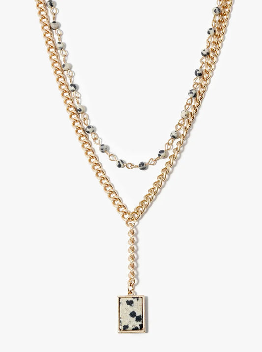 Dual Layer Beaded Necklace With Square Semiprecious Pendant