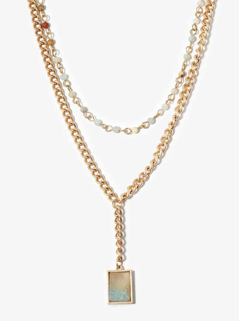 Dual Layer Beaded Necklace With Square Semiprecious Pendant