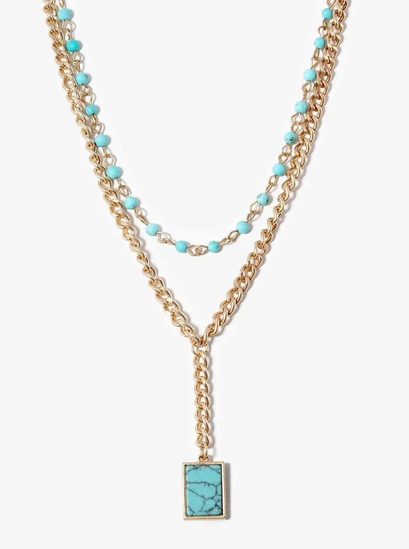 Dual Layer Beaded Necklace With Square Semiprecious Pendant
