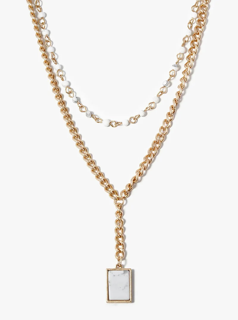 Dual Layer Beaded Necklace With Square Semiprecious Pendant